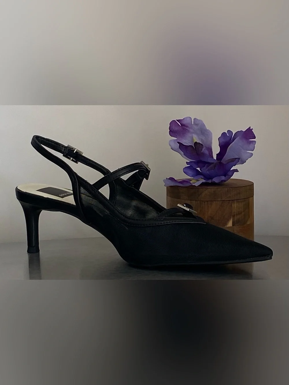 DOLCE VITA BLACK MESH KITTEN HEEL SLINGBACK PUMPS WITH RHINESTONE BUCKLES